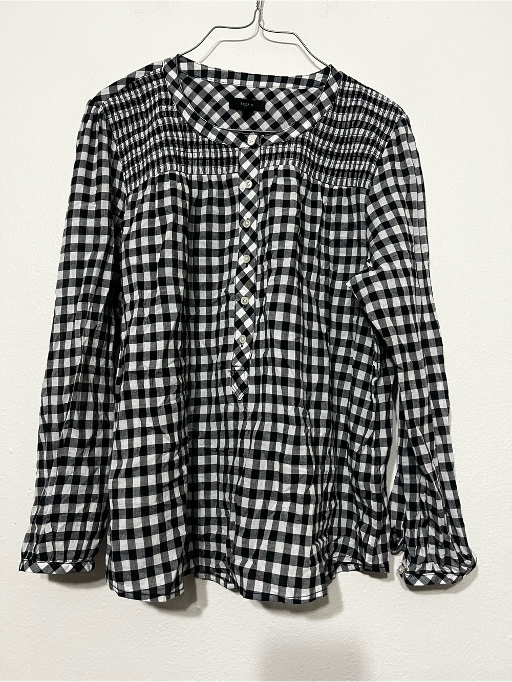 J.Crew Crinkle Gingham Smocked Popover Blouse in Black and White Size Large